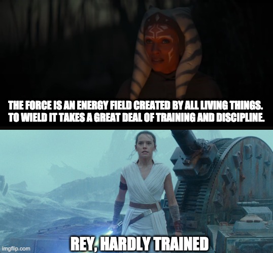 Now I know what Rey lacks to be the fan's favourite Jedi | THE FORCE IS AN ENERGY FIELD CREATED BY ALL LIVING THINGS.
 TO WIELD IT TAKES A GREAT DEAL OF TRAINING AND DISCIPLINE. REY, HARDLY TRAINED | made w/ Imgflip meme maker