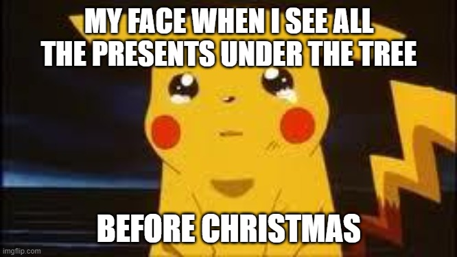 Sad Pikachu | MY FACE WHEN I SEE ALL THE PRESENTS UNDER THE TREE; BEFORE CHRISTMAS | image tagged in sad pikachu | made w/ Imgflip meme maker