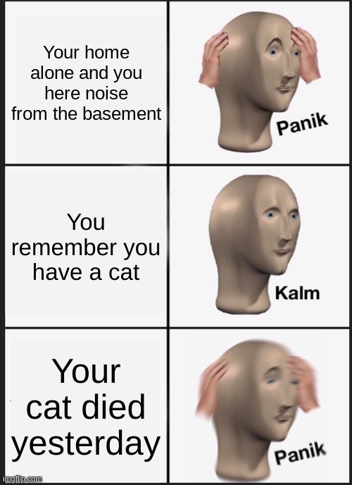... | Your home alone and you here noise from the basement; You remember you have a cat; Your cat died yesterday | image tagged in memes,panik kalm panik,cat,scary | made w/ Imgflip meme maker
