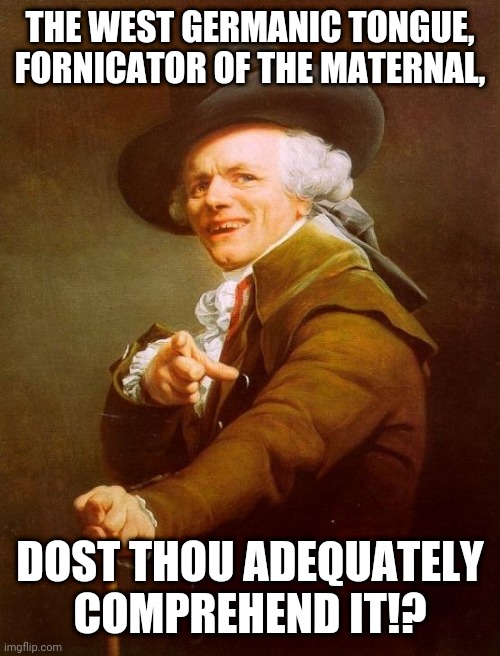Fear my finger gun | THE WEST GERMANIC TONGUE, FORNICATOR OF THE MATERNAL, DOST THOU ADEQUATELY COMPREHEND IT!? | image tagged in memes,joseph ducreux | made w/ Imgflip meme maker
