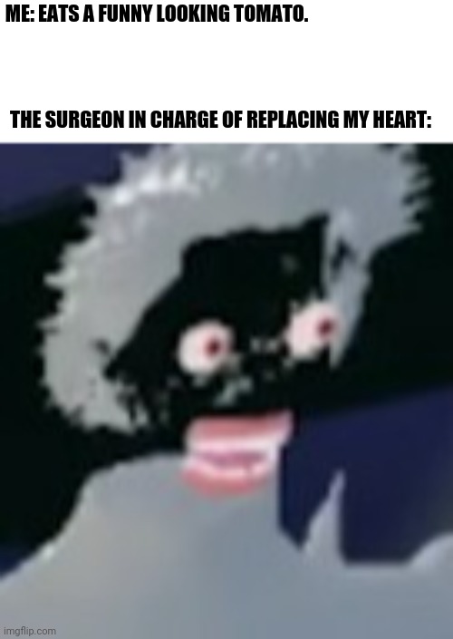 ME: EATS A FUNNY LOOKING TOMATO. THE SURGEON IN CHARGE OF REPLACING MY HEART: | image tagged in memes | made w/ Imgflip meme maker