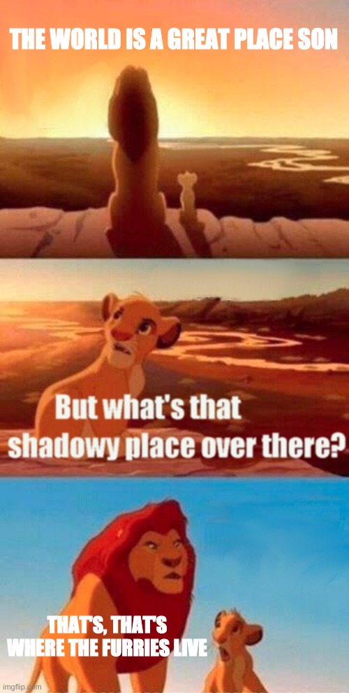 Don't go where the furries live. | THE WORLD IS A GREAT PLACE SON; THAT'S, THAT'S WHERE THE FURRIES LIVE | image tagged in memes,simba shadowy place | made w/ Imgflip meme maker