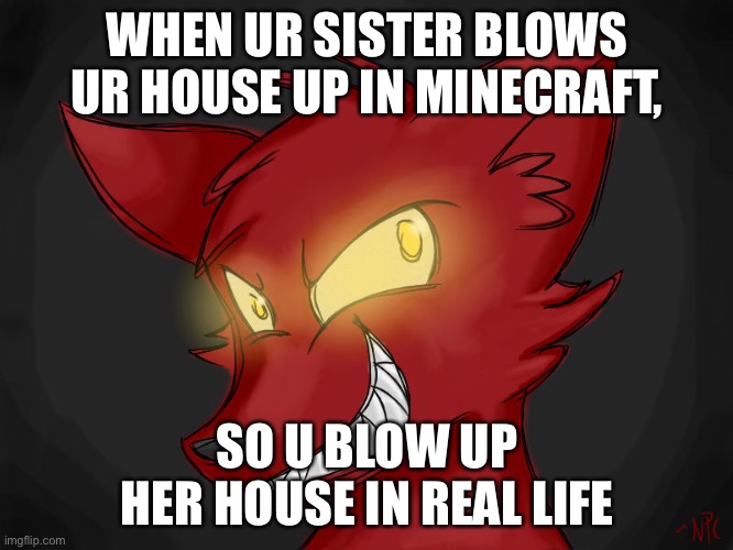 When U X | WHEN UR SISTER BLOWS UR HOUSE UP IN MINECRAFT, SO U BLOW UP HER HOUSE IN REAL LIFE | image tagged in when u x | made w/ Imgflip meme maker