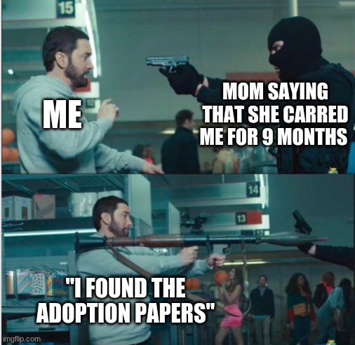 thats an oof | MOM SAYING THAT SHE CARRED ME FOR 9 MONTHS; ME; "I FOUND THE ADOPTION PAPERS" | image tagged in haha | made w/ Imgflip meme maker