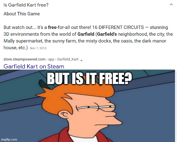 ALL I WANNA KNOW IS IF GARFIELD KART IS FREE | BUT IS IT FREE? | image tagged in memes,funny,futurama fry,garfield kart,gaming | made w/ Imgflip meme maker