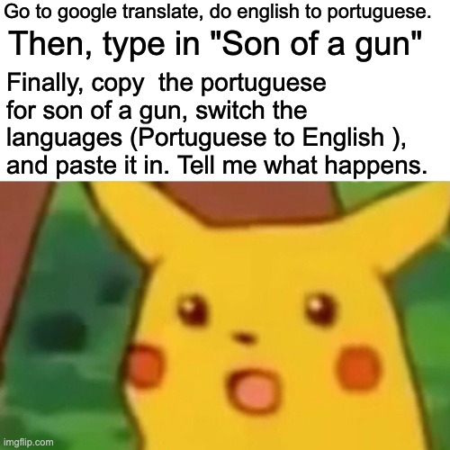 Keep me updated |  Go to google translate, do english to portuguese. Then, type in "Son of a gun"; Finally, copy  the portuguese for son of a gun, switch the languages (Portuguese to English ), and paste it in. Tell me what happens. | image tagged in memes,surprised pikachu,google translate | made w/ Imgflip meme maker