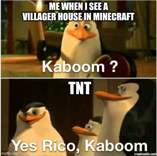 Kaboom? Yes Rico, Kaboom. | ME WHEN I SEE A VILLAGER HOUSE IN MINECRAFT; TNT | image tagged in kaboom yes rico kaboom | made w/ Imgflip meme maker