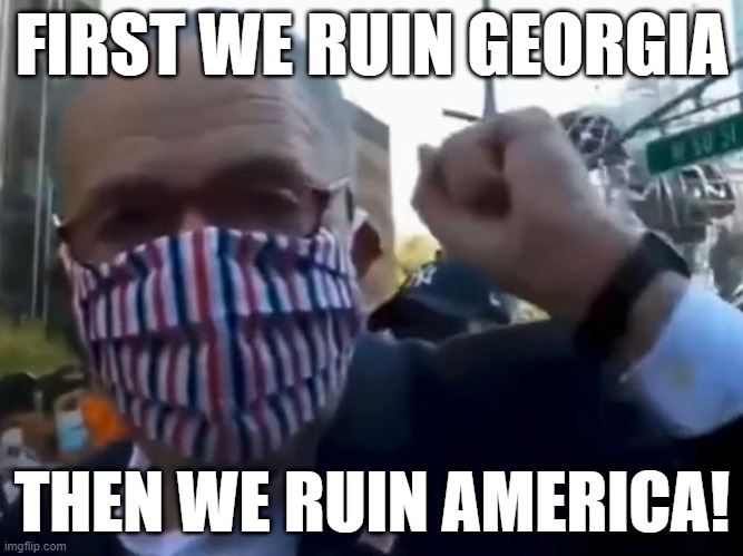 Then we ruin the world! | FIRST WE RUIN GEORGIA; THEN WE RUIN AMERICA! | image tagged in chuck schumer,memes | made w/ Imgflip meme maker