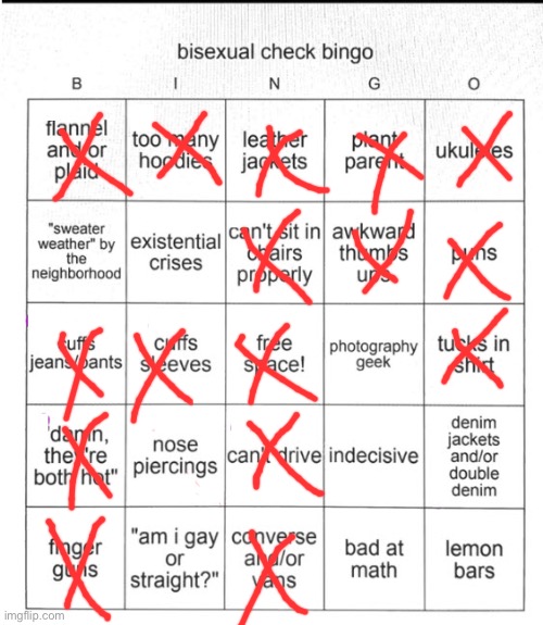 i know im not bi, but im lesbian but this was fun | image tagged in bi bingo | made w/ Imgflip meme maker