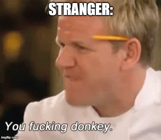 You fucking donkey | STRANGER: | image tagged in you fucking donkey | made w/ Imgflip meme maker