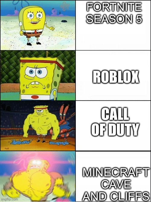 Maximum Yeet | FORTNITE SEASON 5; ROBLOX; CALL OF DUTY; MINECRAFT CAVE AND CLIFFS | image tagged in sponge finna commit muder | made w/ Imgflip meme maker