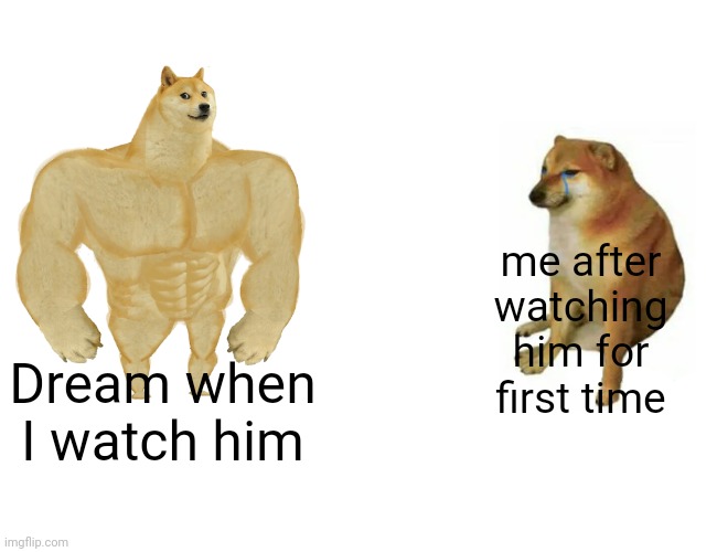 Buff Doge vs. Cheems | me after watching him for first time; Dream when I watch him | image tagged in memes,buff doge vs cheems | made w/ Imgflip meme maker