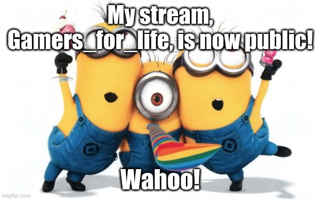 Minion party despicable me | My stream, Gamers_for_life, is now public! Wahoo! | image tagged in minion party despicable me | made w/ Imgflip meme maker