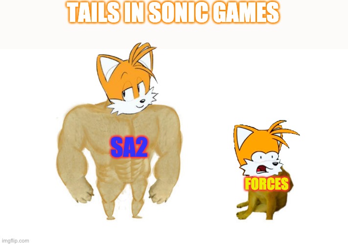 Tails in sonic games | TAILS IN SONIC GAMES; SA2; FORCES | image tagged in sonic the hedgehog | made w/ Imgflip meme maker