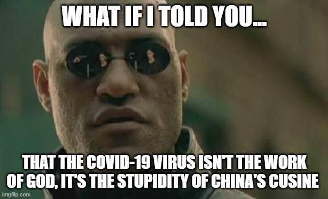 Matrix Morpheus is true! | WHAT IF I TOLD YOU... THAT THE COVID-19 VIRUS ISN'T THE WORK OF GOD, IT'S THE STUPIDITY OF CHINA'S CUSINE | image tagged in memes,matrix morpheus | made w/ Imgflip meme maker