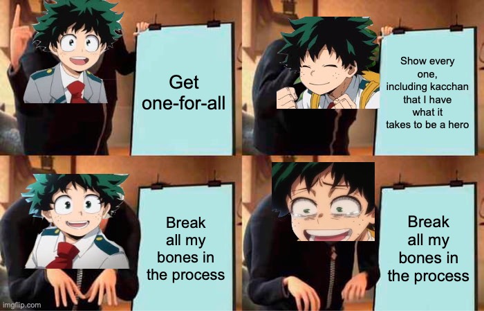 Deku's not so great plan | Get one-for-all; Show every one, including kacchan that I have what it takes to be a hero; Break all my bones in the process; Break all my bones in the process | image tagged in memes,gru's plan,deku,mha,my hero academia,funny | made w/ Imgflip meme maker