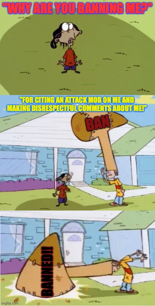 Some jerk cite an mob attack on me and disrespected me, so ban them. | "WHY ARE YOU BANNING ME?"; "FOR CITING AN ATTACK MOB ON ME AND MAKING DISRESPECTFUL COMMENTS ABOUT ME!"; BAN; BANNED!! | image tagged in rolf's hat of discipline,banned,disrespect,comments,justice,deal with it | made w/ Imgflip meme maker