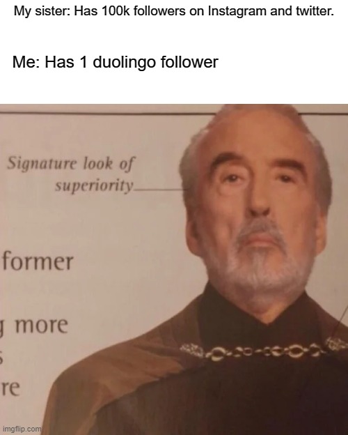 Signature Look of superiority | My sister: Has 100k followers on Instagram and twitter. Me: Has 1 duolingo follower | image tagged in signature look of superiority | made w/ Imgflip meme maker