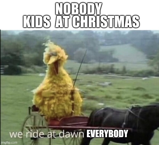 We ride at dawn bitches | NOBODY; KIDS  AT CHRISTMAS; EVERYBODY | image tagged in we ride at dawn bitches | made w/ Imgflip meme maker