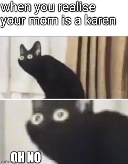 I just realised this | when you realise your mom is a karen; OH NO | image tagged in oh no black cat | made w/ Imgflip meme maker
