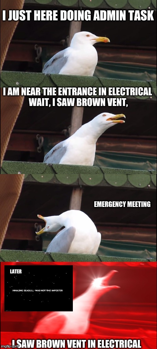 Inhaling Seagull | I JUST HERE DOING ADMIN TASK; I AM NEAR THE ENTRANCE IN ELECTRICAL 

WAIT, I SAW BROWN VENT, EMERGENCY MEETING; LATER; INHALING SEAGULL  WAS NOT THE IMPOSTER; I SAW BROWN VENT IN ELECTRICAL | image tagged in memes,inhaling seagull | made w/ Imgflip meme maker