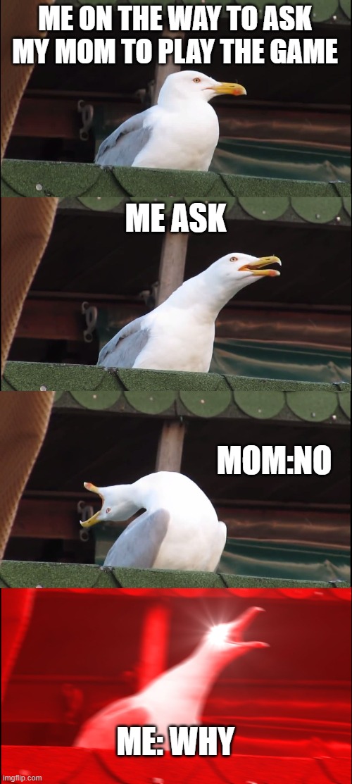 Inhaling Seagull Meme | ME ON THE WAY TO ASK MY MOM TO PLAY THE GAME; ME ASK; MOM:NO; ME: WHY | image tagged in memes,inhaling seagull | made w/ Imgflip meme maker