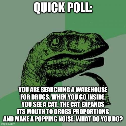 pop cat but its a question | QUICK POLL:; YOU ARE SEARCHING A WAREHOUSE FOR DRUGS. WHEN YOU GO INSIDE, YOU SEE A CAT. THE CAT EXPANDS ITS MOUTH TO GROSS PROPORTIONS AND MAKE A POPPING NOISE. WHAT DO YOU DO? | image tagged in memes,philosoraptor,polls | made w/ Imgflip meme maker