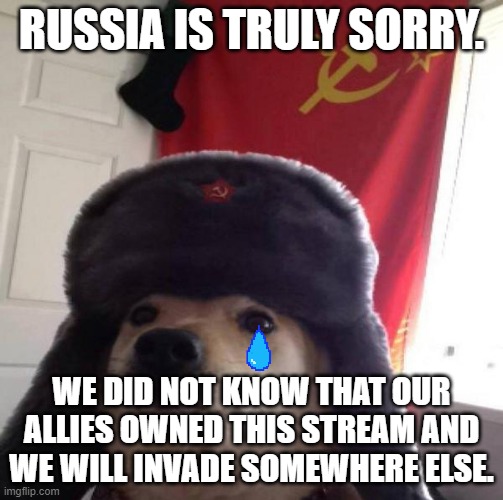 sorry m8 |  RUSSIA IS TRULY SORRY. WE DID NOT KNOW THAT OUR ALLIES OWNED THIS STREAM AND WE WILL INVADE SOMEWHERE ELSE. | image tagged in russian doge | made w/ Imgflip meme maker