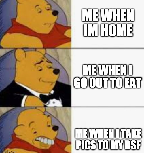 Ugly Winnie The Pooh | ME WHEN IM HOME; ME WHEN I GO OUT TO EAT; ME WHEN I TAKE PICS TO MY BSF | image tagged in fun | made w/ Imgflip meme maker