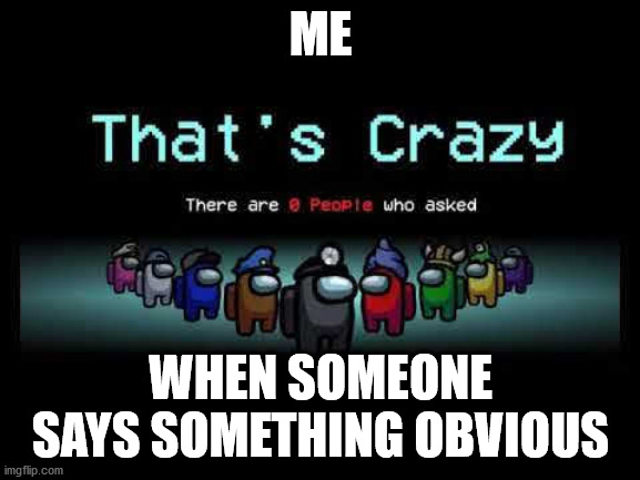 Among us zero people asked | ME; WHEN SOMEONE SAYS SOMETHING OBVIOUS | image tagged in memes | made w/ Imgflip meme maker