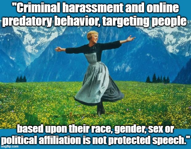 eyyyyyyy someone gets it | "Criminal harassment and online predatory behavior, targeting people; based upon their race, gender, sex or political affiliation is not protected speech." | image tagged in the sound of music happiness,freedom of speech,free speech | made w/ Imgflip meme maker