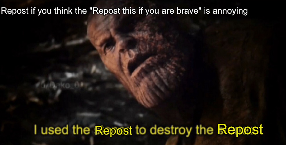 Idfk. | Repost if you think the "Repost this if you are brave" is annoying; Repost; Repost | image tagged in i used the stones to destroy the stones | made w/ Imgflip meme maker