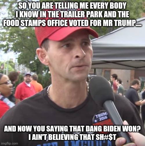 Fraud danget | SO YOU ARE TELLING ME EVERY BODY I KNOW IN THE TRAILER PARK AND THE FOOD STAMPS OFFICE VOTED FOR MR TRUMP.... AND NOW YOU SAYING THAT DANG BIDEN WON?
I AIN'T BELIEVING THAT SH#$T | image tagged in trump supporters,release the kraken,kraken,conservatives,donald trump,maga | made w/ Imgflip meme maker