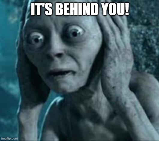 Scared Gollum | IT'S BEHIND YOU! | image tagged in scared gollum | made w/ Imgflip meme maker