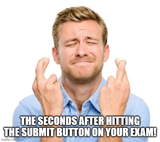 Crossed fingers | THE SECONDS AFTER HITTING THE SUBMIT BUTTON ON YOUR EXAM! | image tagged in crossed fingers | made w/ Imgflip meme maker