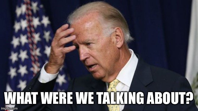 Joe Biden worries | WHAT WERE WE TALKING ABOUT? | image tagged in joe biden worries | made w/ Imgflip meme maker
