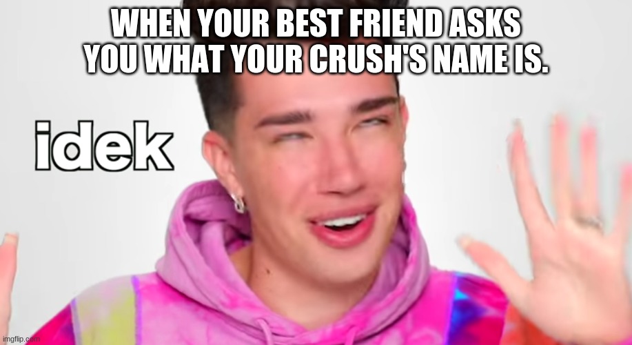 James doesn't even know | WHEN YOUR BEST FRIEND ASKS YOU WHAT YOUR CRUSH'S NAME IS. | image tagged in funny memes,relatable,crush | made w/ Imgflip meme maker