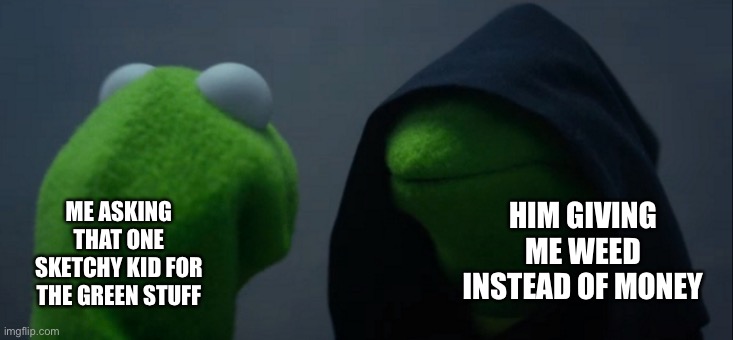 Evil Kermit Meme | HIM GIVING ME WEED INSTEAD OF MONEY; ME ASKING THAT ONE SKETCHY KID FOR THE GREEN STUFF | image tagged in memes,evil kermit | made w/ Imgflip meme maker