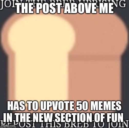THE POST ABOVE ME; HAS TO UPVOTE 50 MEMES IN THE NEW SECTION OF FUN | made w/ Imgflip meme maker
