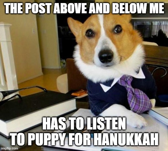 Lawyer Corgi Dog | THE POST ABOVE AND BELOW ME; HAS TO LISTEN TO PUPPY FOR HANUKKAH | image tagged in lawyer corgi dog | made w/ Imgflip meme maker