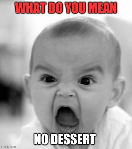 kids after dinner | WHAT DO YOU MEAN; NO DESSERT | image tagged in memes,angry baby | made w/ Imgflip meme maker
