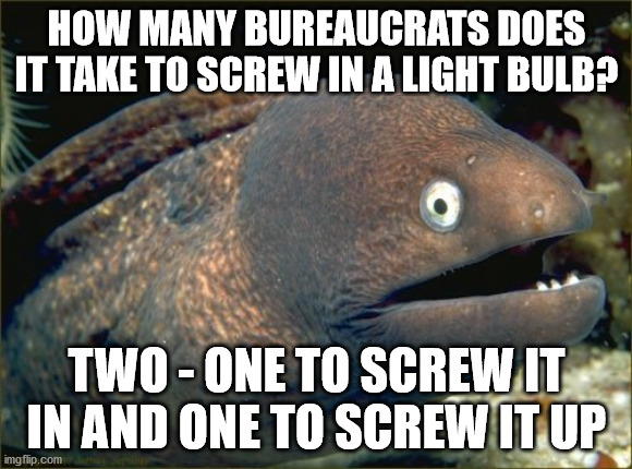 Government doesn't work. In more ways than one. | HOW MANY BUREAUCRATS DOES IT TAKE TO SCREW IN A LIGHT BULB? TWO - ONE TO SCREW IT IN AND ONE TO SCREW IT UP | image tagged in memes,bad joke eel | made w/ Imgflip meme maker
