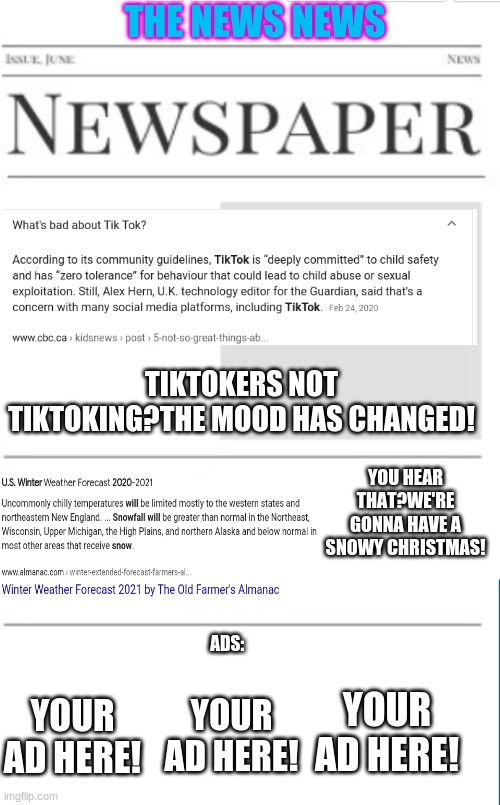 Blank newspaper | THE NEWS NEWS; TIKTOKERS NOT TIKTOKING?THE MOOD HAS CHANGED! YOU HEAR THAT?WE'RE GONNA HAVE A SNOWY CHRISTMAS! ADS:; YOUR AD HERE! YOUR AD HERE! YOUR AD HERE! | image tagged in blank newspaper | made w/ Imgflip meme maker