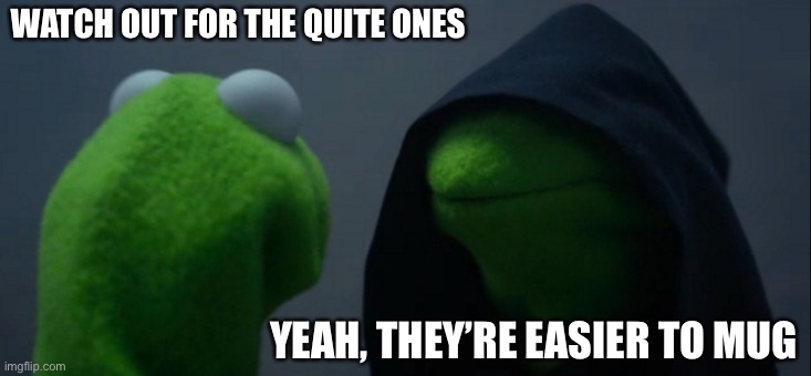Bad sayings event - because I said so | WATCH OUT FOR THE QUITE ONES; YEAH, THEY’RE EASIER TO MUG | image tagged in memes,evil kermit | made w/ Imgflip meme maker