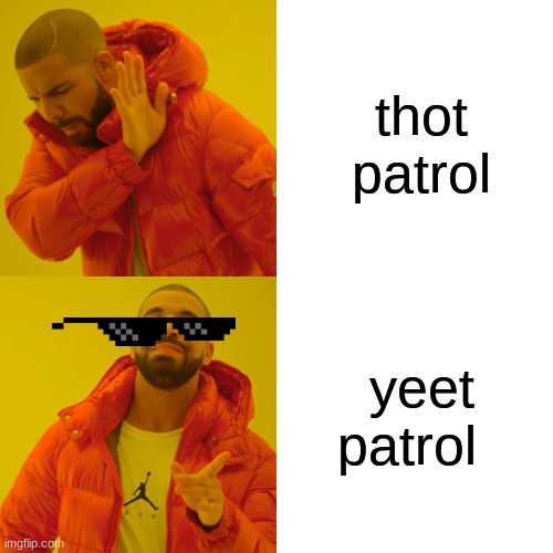 Drake Hotline Bling Meme | thot patrol yeet patrol | image tagged in memes,drake hotline bling | made w/ Imgflip meme maker