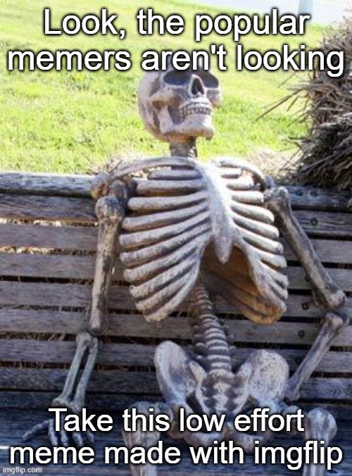 Waiting Skeleton | Look, the popular memers aren't looking; Take this low effort meme made with imgflip | image tagged in memes,waiting skeleton | made w/ Imgflip meme maker