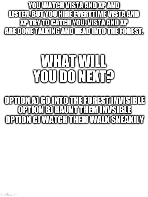 Since you chose b, I did it. Story Path 2: What will you choose? | YOU WATCH VISTA AND XP AND LISTEN, BUT YOU HIDE EVERYTIME VISTA AND XP TRY TO CATCH YOU. VISTA AND XP ARE DONE TALKING AND HEAD INTO THE FOREST. WHAT WILL YOU DO NEXT? OPTION A) GO INTO THE FOREST INVISIBLE
OPTION B) HAUNT THEM INVSIBLE
OPTION C) WATCH THEM WALK SNEAKILY | image tagged in blank white template | made w/ Imgflip meme maker