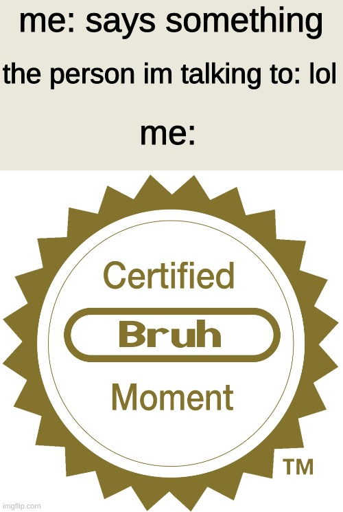 Certified bruh moment | me: says something; the person im talking to: lol; me: | image tagged in certified bruh moment | made w/ Imgflip meme maker