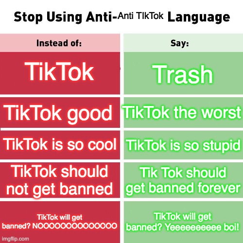 AntiTikTok language | Anti TIkTok; TikTok; Trash; TikTok the worst; TikTok good; TikTok is so cool; TikTok is so stupid; TikTok should not get banned; Tik Tok should get banned forever; TikTok will get banned? NOOOOOOOOOOOOOO; TikTok will get banned? Yeeeeeeeeee boi! | image tagged in stop using anti-animal language | made w/ Imgflip meme maker