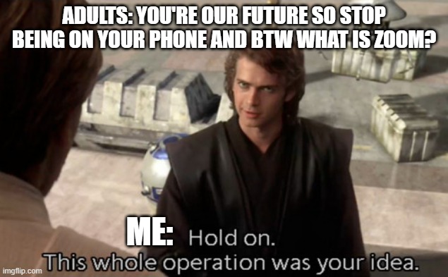 Relatable | ADULTS: YOU'RE OUR FUTURE SO STOP BEING ON YOUR PHONE AND BTW WHAT IS ZOOM? ME: | image tagged in hold on this whole operation was your idea | made w/ Imgflip meme maker